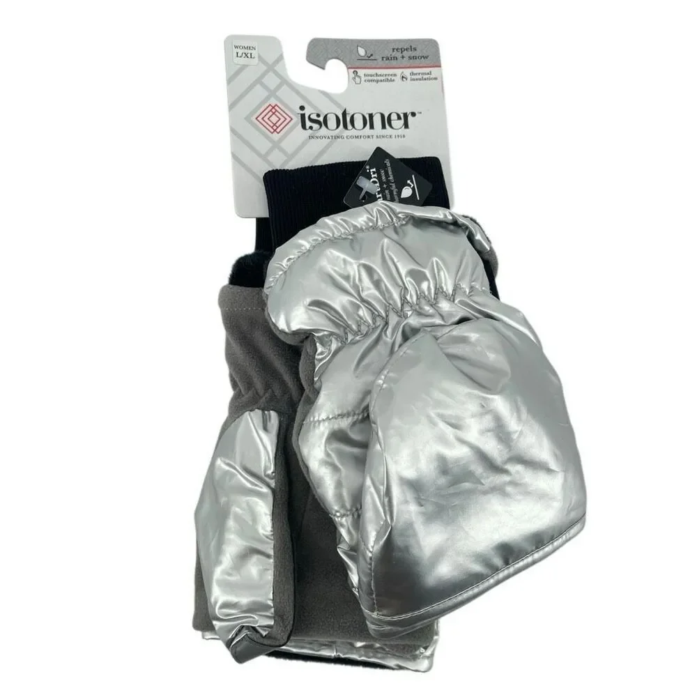 Isotoner Women’s Metallic Silver Flip-Top Mittens Warm Insulated L/XL New